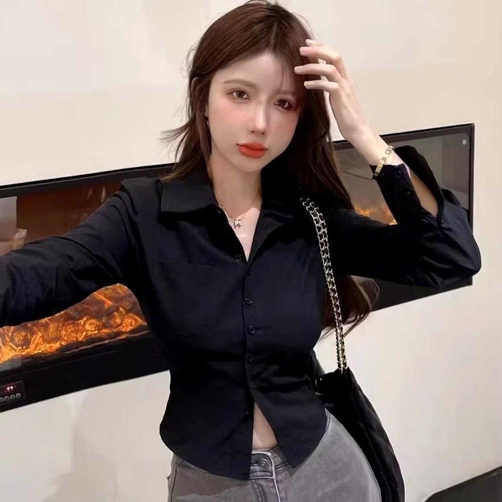 Sale Kemeja Crop Top Korean Style Kemeja Wanita Lengan Panjang / Kemeja Crop Top Lengan Panjang