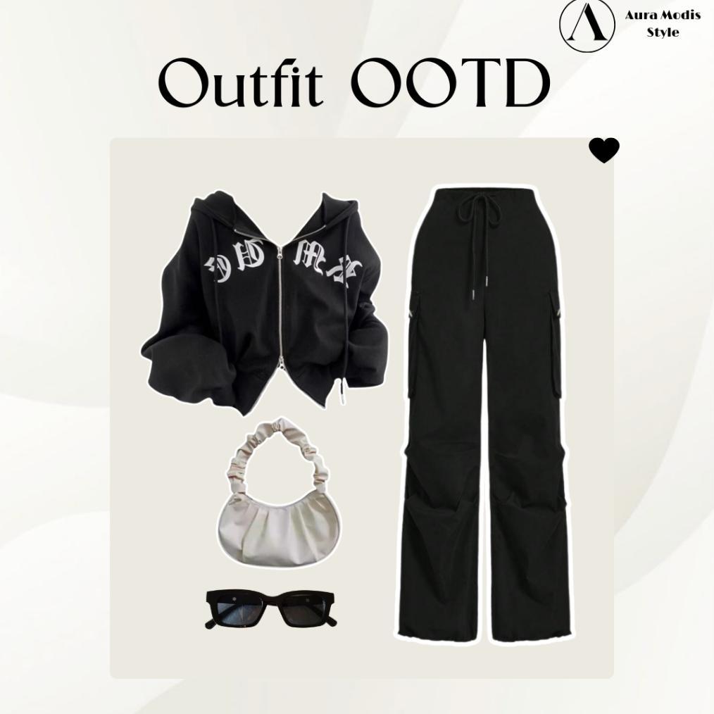 Promo  Setelan 4In1 Wanita Premium | Sweater Crop Fleece Adem | Celana Cargo Hitam Jumbo Anti Gerah 