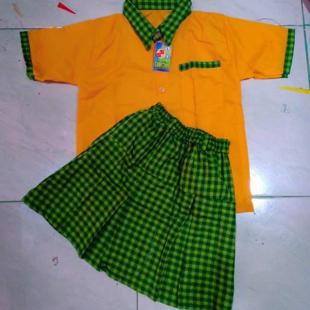 Free Ongkir Seragam Tk Kotak-Kotak Kuning Mas Hijau Polkadot