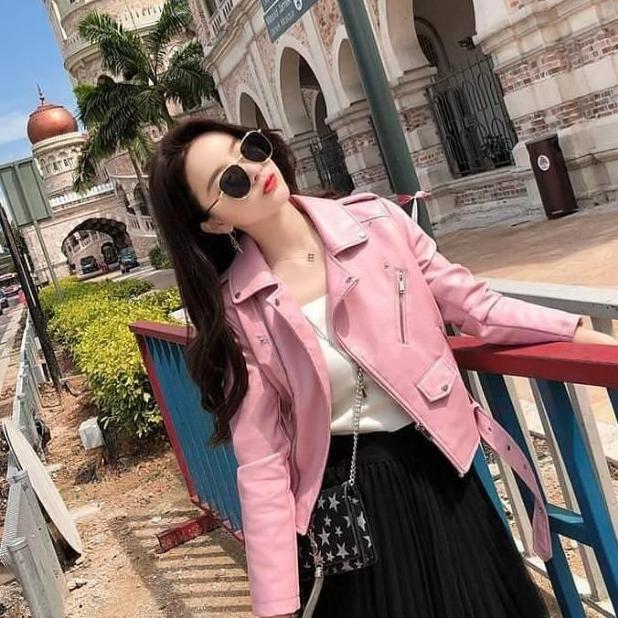 jaket wanita murah jaket kulit wanita sintetis jaket korea baby pink terbaru kekinian