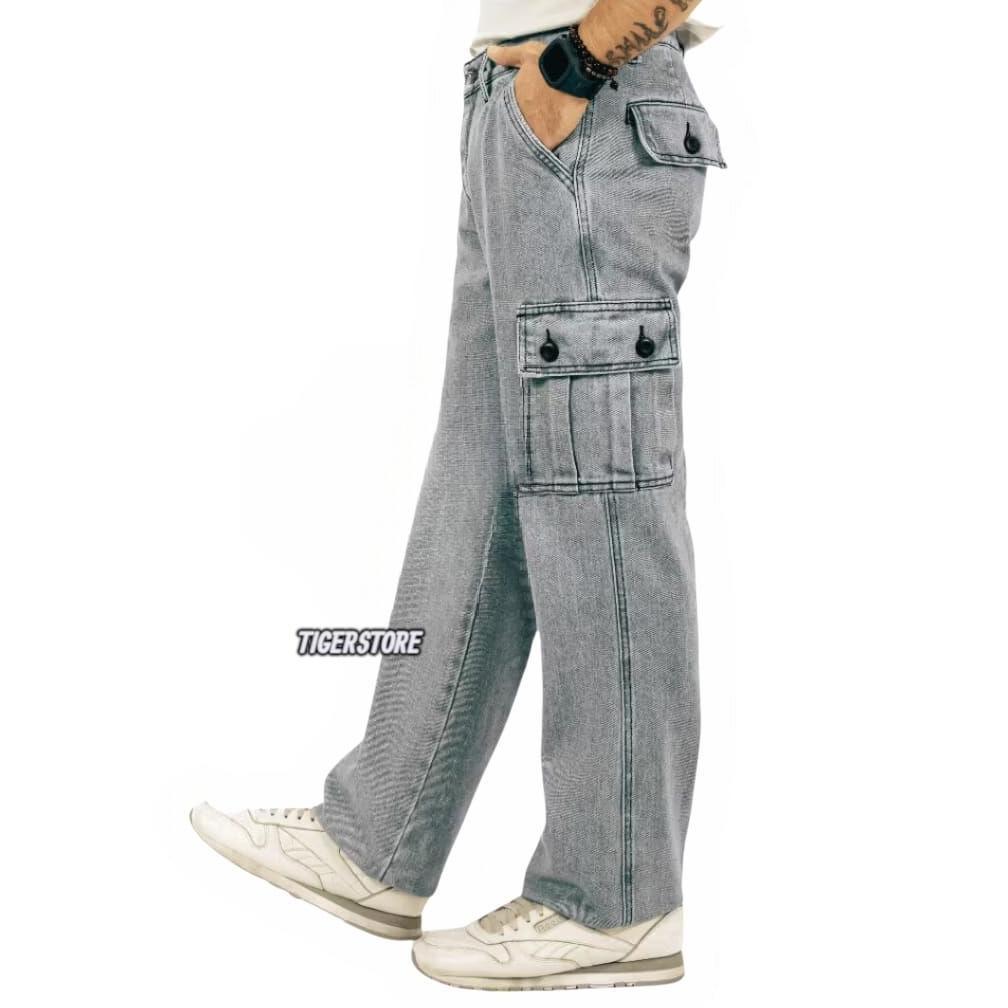 Limited Long Cargo Pants Jeans Pria Loose Fit  Nstrech Regular Cargo Jeans Denim Black Sandwash Popu