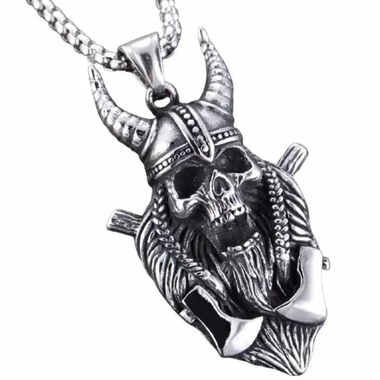 EXCLUSIVE KALUNG RANTAI TITANIUM PRIA LIONTIN BAJA TITANIUM TENGKORAK TANDUK GAYA PUNK SILVER ANTI K