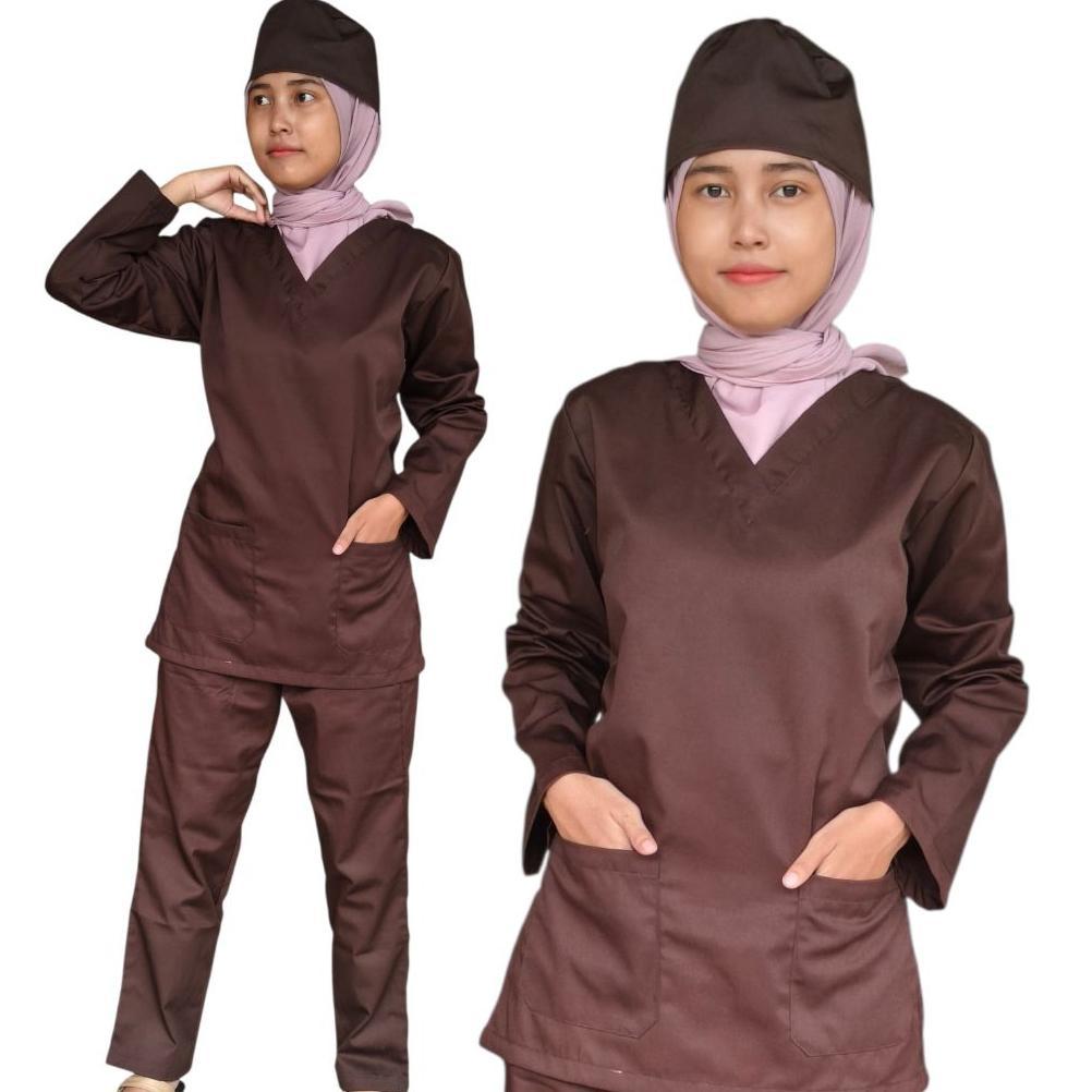 Promo [Coklat Tua] Baju Jaga Medis | Baju Operasi | Baju Jaga Ok | Scrub Medis | Baju Perawat Putih