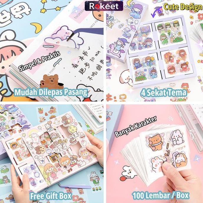 Rokeet Cute Sticker Gift Box Waterproof Isi 100 pcs Sticker Aesthetic Lucu