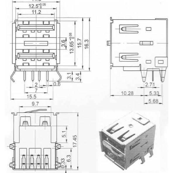 double connector socket usb type a (konektor usb tipe a double)