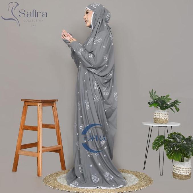 Safira - Mukena Terusan  Putih Motif Bordir  Bunga Floral Mukenah Lajuran Dewasa Mewah
