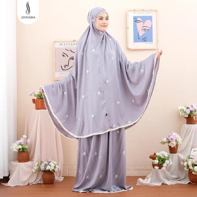 Mukena Dewasa Rayon Premium Bordir Floral Daisy Orinal Jennabia