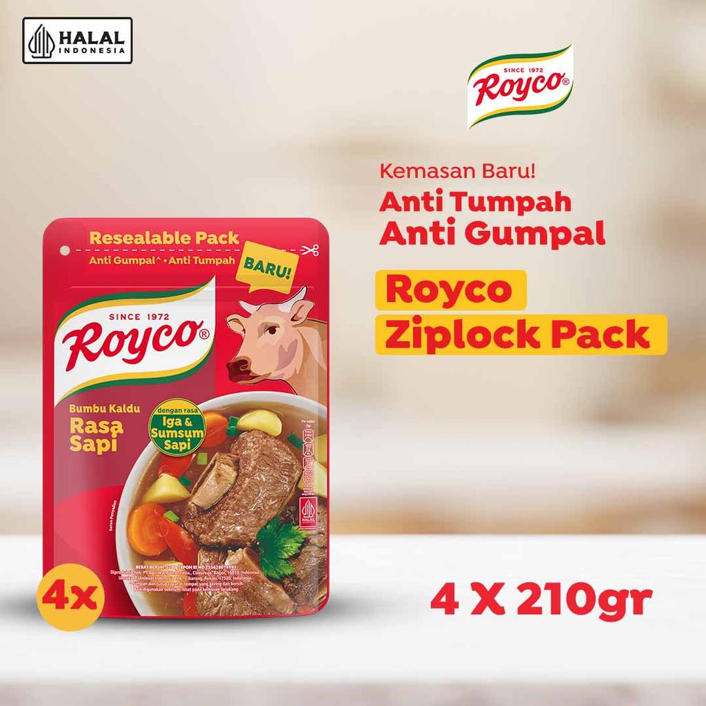Royco Ziplock Pack Bumbu Kaldu Penyedap Rasa Sapi dengan Iga dan Sumsum Sapi 210g x 4 - Kemasan Baru