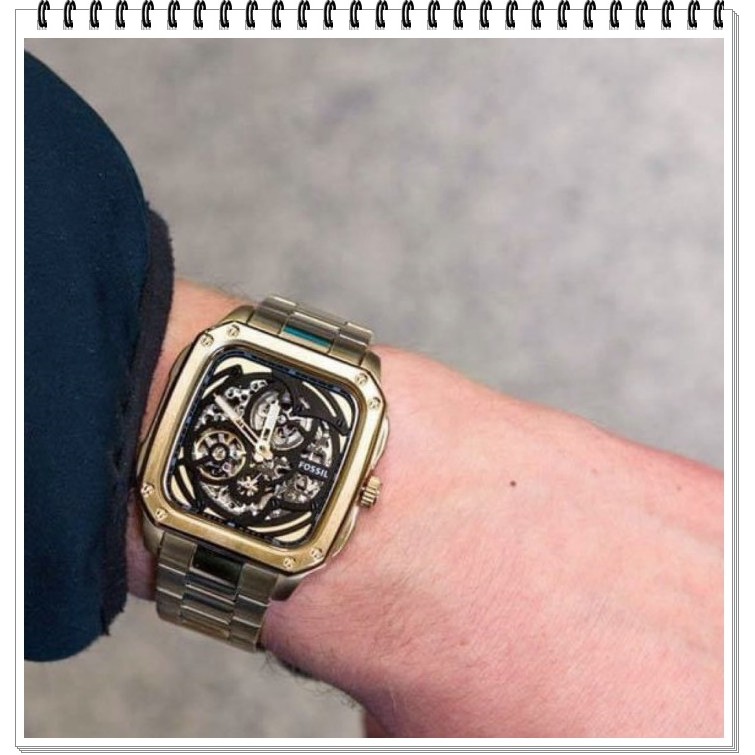 Fossil Inscription square dial automatic skeleton men's watch stainless steel dress watch BQ2574