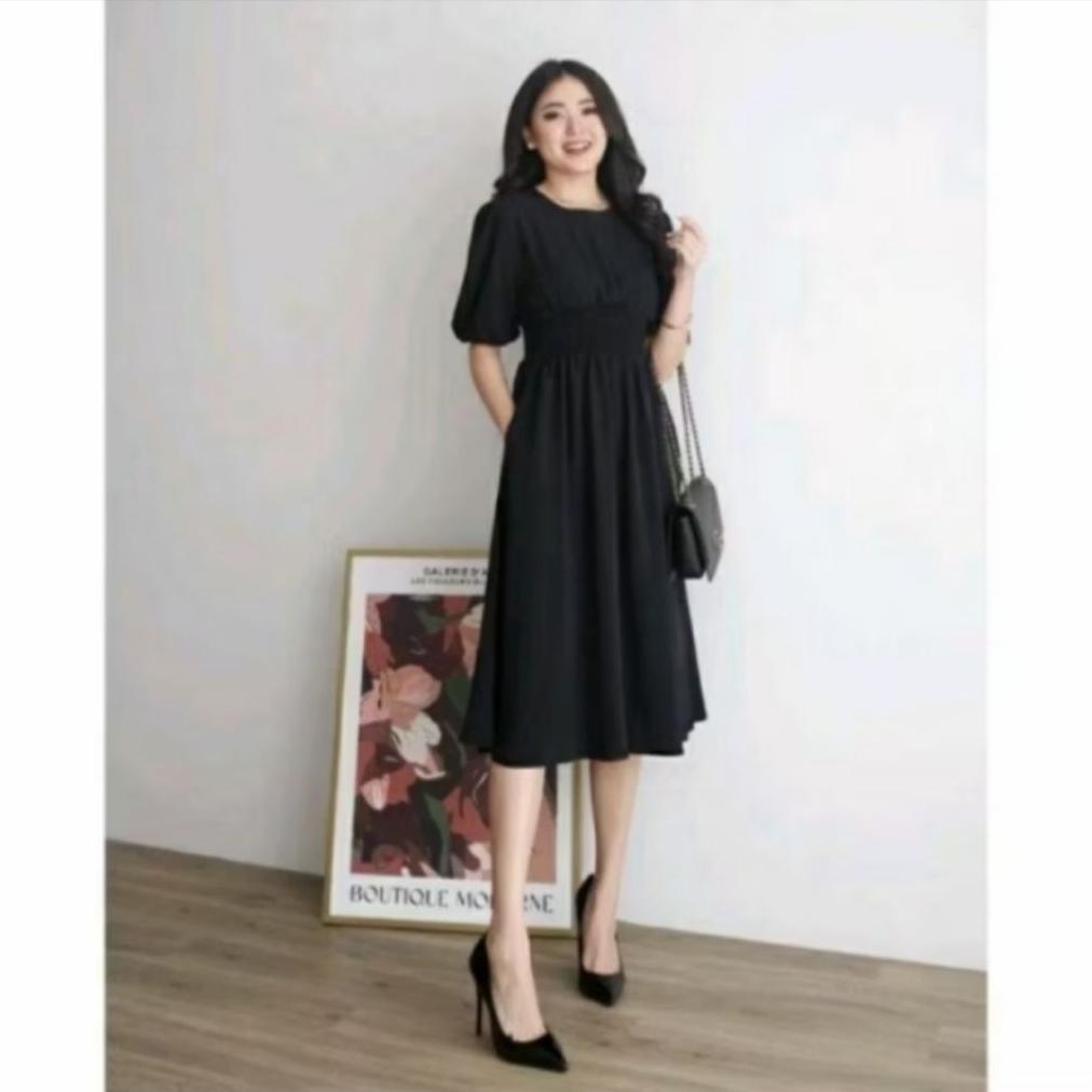 Hot Deals Soora Midi Dress Wanita, Dres Pesta Lengan Karet