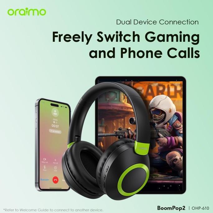 Flaro- Oraimo Boompop 2 Wireless Bluetooth V5.3 60H Headphone Enc O-610 Kuning 035Kt5