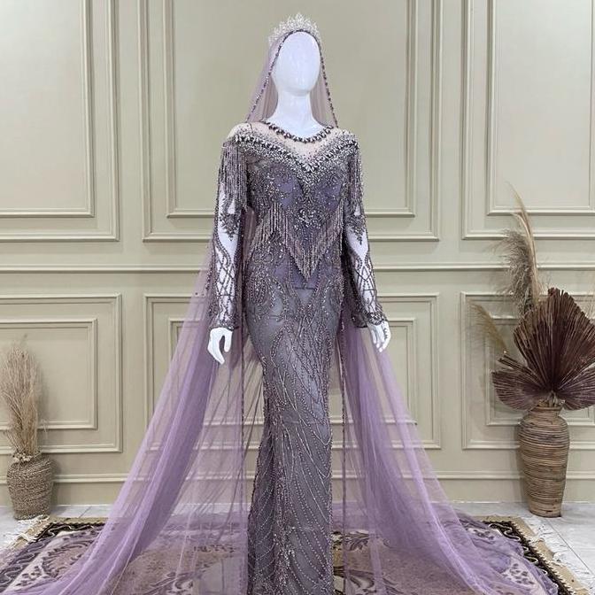 Kebaya Pengantin Gaun Premium Navy Coklat Mahogany ca Putih Full Payet Slim Dress Wanita Panjang Mew