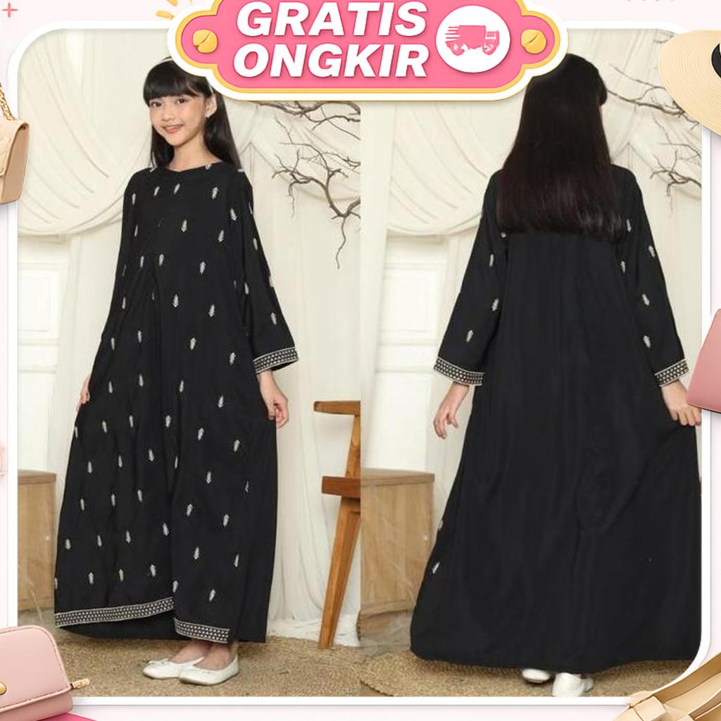 Wiriwiri Series Raya 2025 Black Dubai Sarimbit Abaya & One Set Bordir Ayah Ibu & Anak (Premium)
