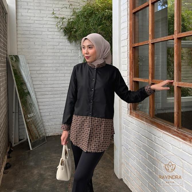 BELI BATIK RAVINDRA Blouse Batik Anjani Kombinasi Katun Polos Kancing Depan BELI