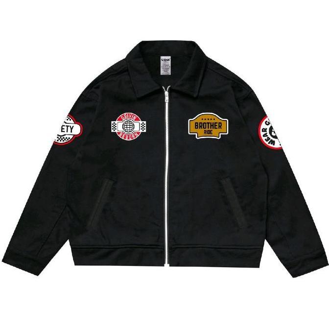 Grivin Work Jacket Minority Jaket Hitam Casual Bordir Pria Zipper Basic Unisex Cowok Bahan Drill Des