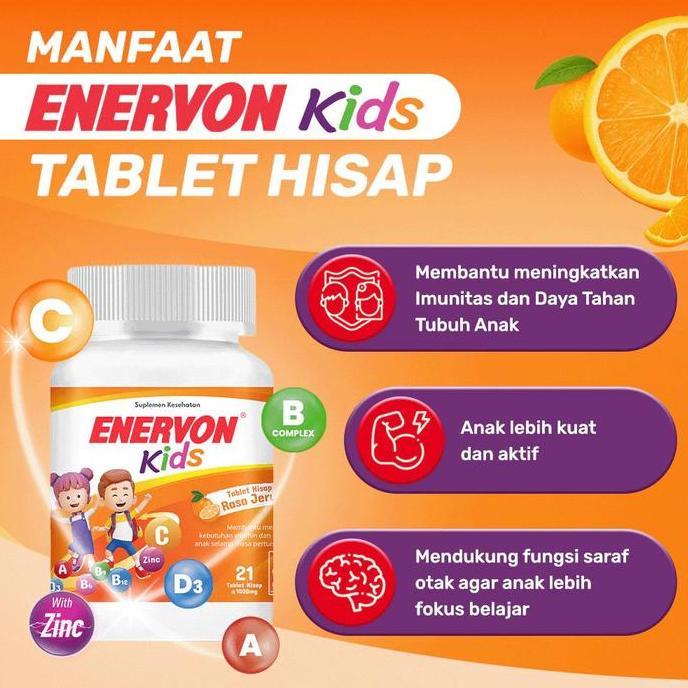 Higher- Enervon Kids Tablet Hisap Rasa Jeruk 21 Tablet Multivitamin Anak Vitamin C A B Complex D3 Pl