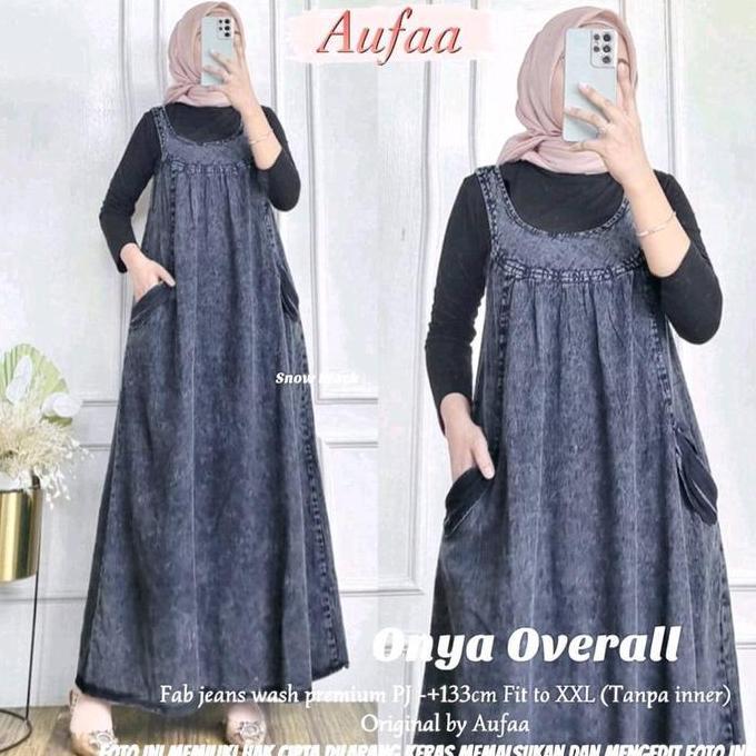 Onya Overall Jeans Wanita Jumbo Baju Kodok Jumpsuit Terusan Panjang Tanpa Inner Manset Muslim Outer
