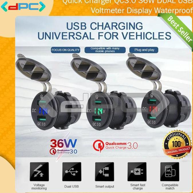 Quick Charger QC3.0 12-24V Dual USB & Voltmeter Waterproof Mobil Motor