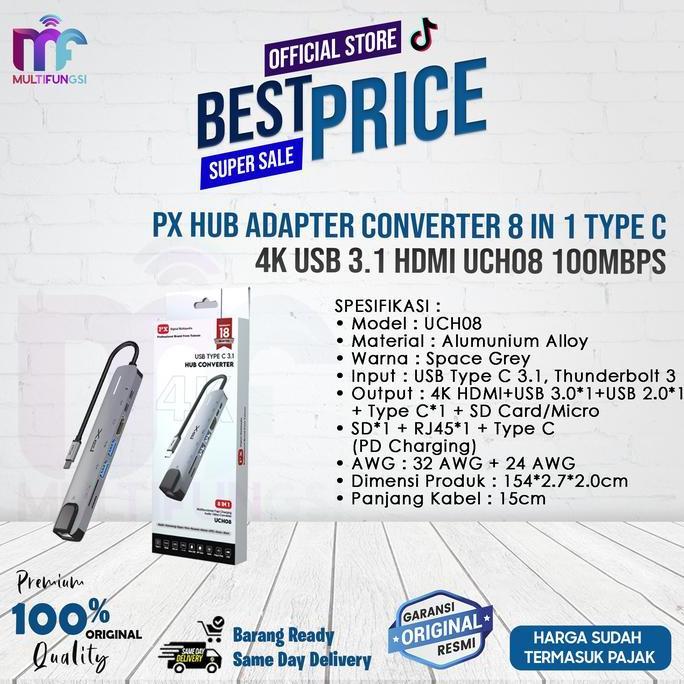 PX Hub Adapter Converter 8 in 1 Type C 4K USB 3.1 HDMI UCH08 100Mbps