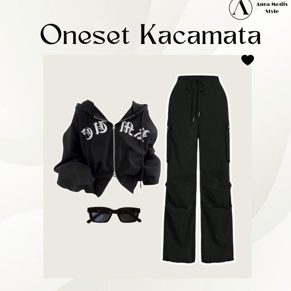 Promo  Setelan 4In1 Wanita Premium | Sweater Crop Fleece Adem | Celana Cargo Hitam Jumbo Anti Gerah 