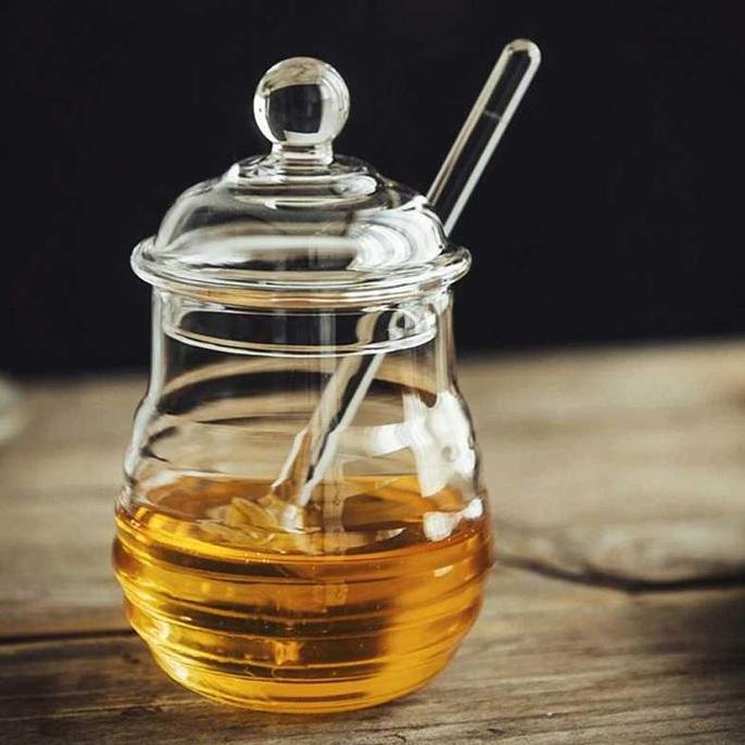 Toples Kaca Wadah Tempat Madu dan Sendok Glass Honey Jar Dipper Spoon NS