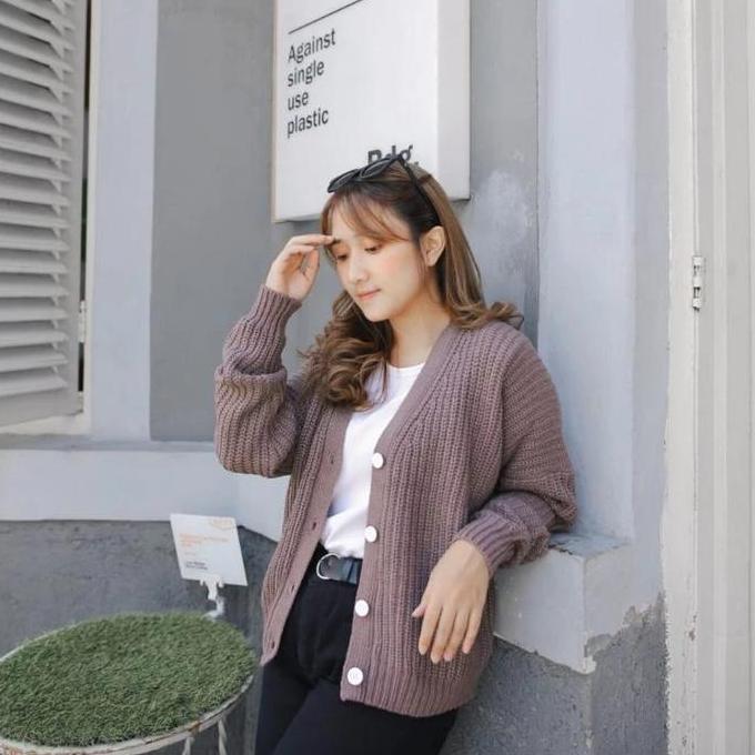 Baju Cardigan Outer Salur Rajut Hitam Polos V Neck Oversize Kancing Depan Auther Vintage Denim Lilac