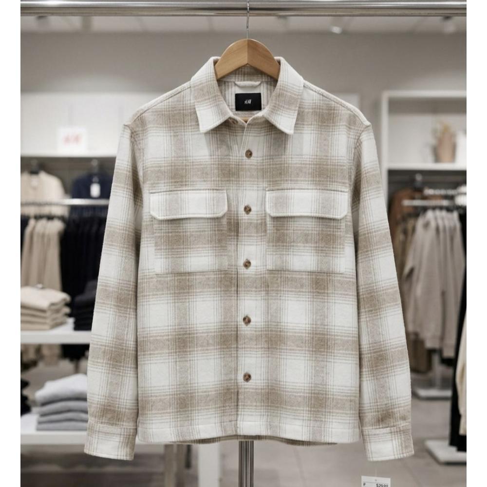 bestpromo hm overshirt shacket flannel pria original beige plaid kemeja kotak-kotak tebal premium ke