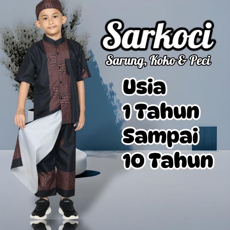 Diskon Setelan Baju Koko Peci Anak Laki-Laki Muslim Sarkoci Batik Pekalongan Usia 3-10 Tahun