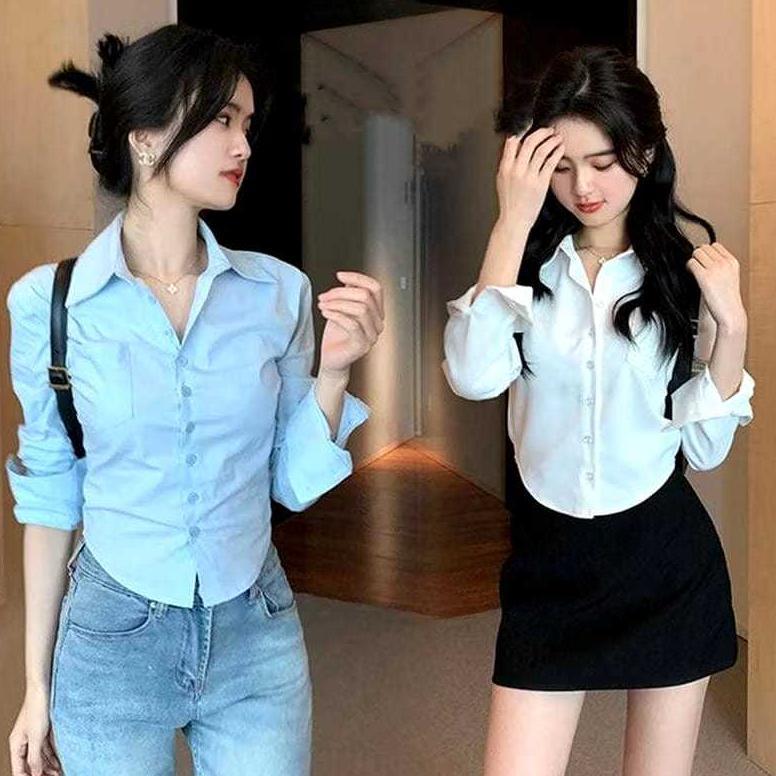 Diskont Kemeja Crop Top Korean Style Kemeja Wanita Lengan Panjang / Kemeja Crop Top Lengan Panjang