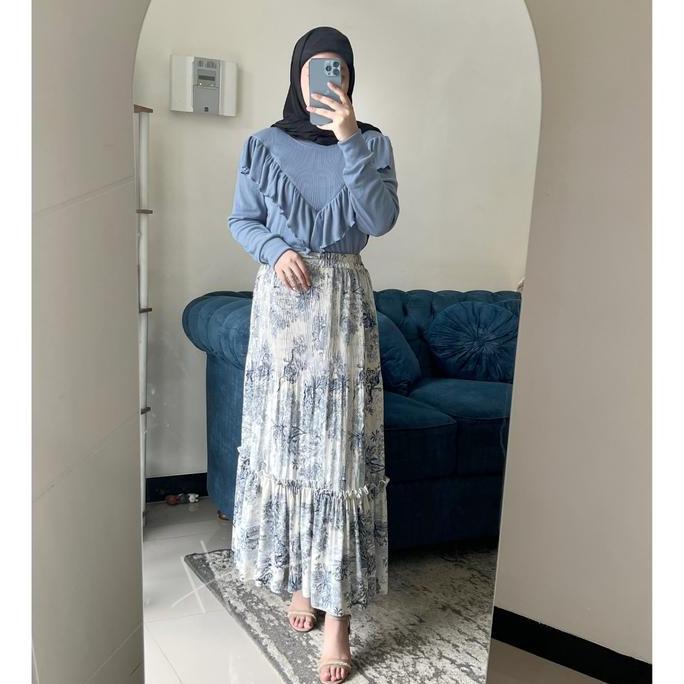 Haseena One Set Wanita Aisha Setelan Atasan Rempel Lengan Panjang Rok Plisket Rempel Motif Klasik Vi