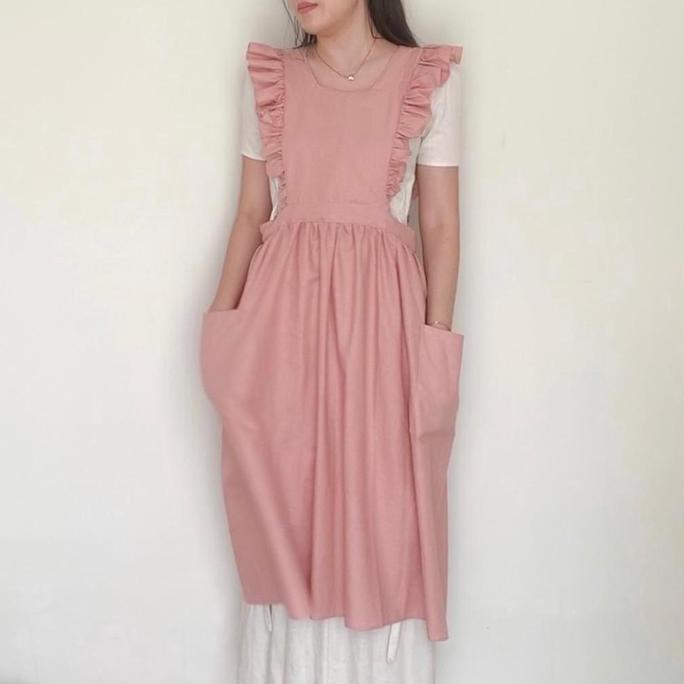 Elle Ruffle Apron / Apron Linen / Celemek Korea Jepang / Pinafore Cottagecore KS