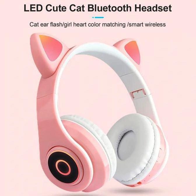 TERBARU - Headphone Bluetooth Wireless Telinga Kucing Lucu TF Card AUX Mic LED