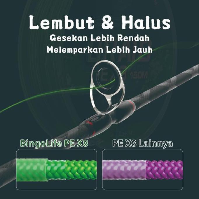 Bingolife Senar Pancing PE X8 Lure Fishing Line 150m Hijau Pucat Kuat Anti Keriting Benang Pancing C