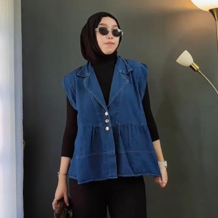 Produk Baru Melodie Vest Jeans Rompi Outer Jacket Atasan Wanita Jumbo Tanpa Lengan