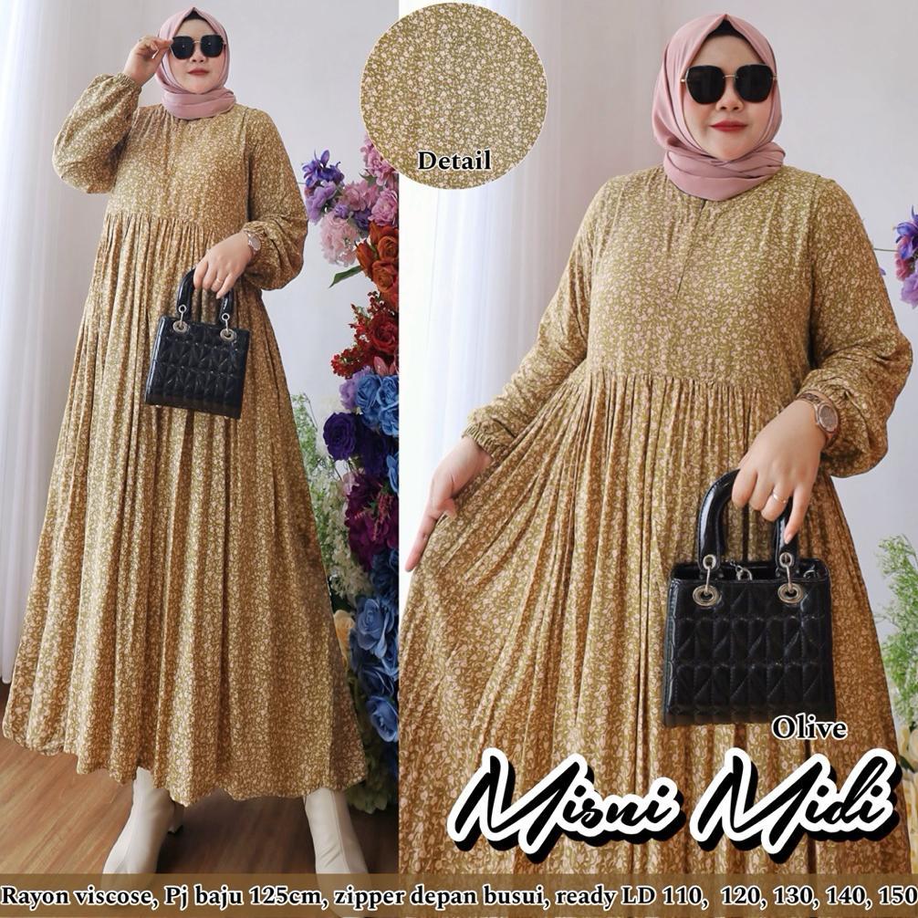 Cuci Gudang  Misni Midi Dress Big Size Gamis Lebaran Ld 150 140 130 120 110 Panjang 125 Super Jumbo 