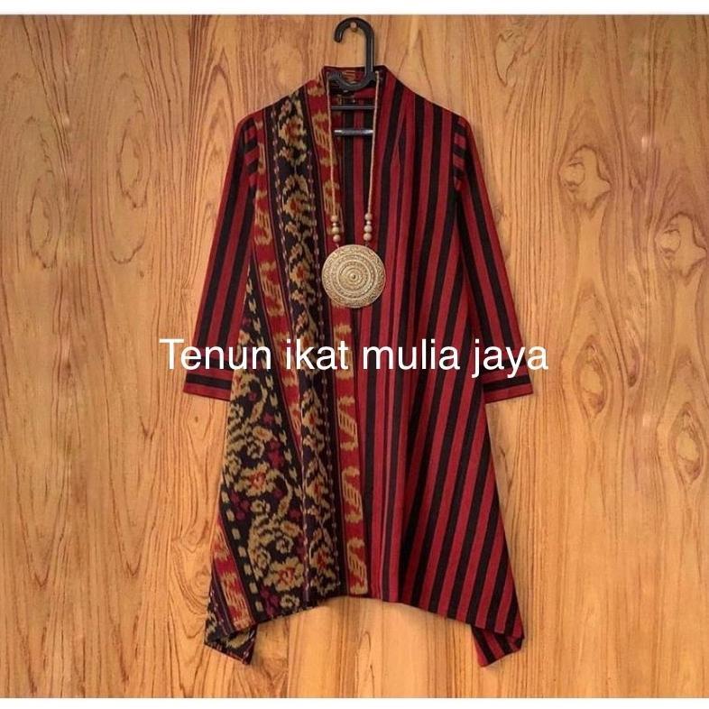 Tahan Lama  Long Outer Cardigan Batik Tenun Mix Lurik Maroon