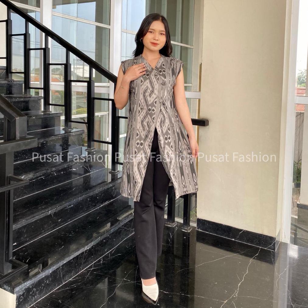 Murah  Blazer Batik Wanita Modern Atasan Outer Batik Long Cardi Tanpa Lengan Terbaru  | Cardi Long O