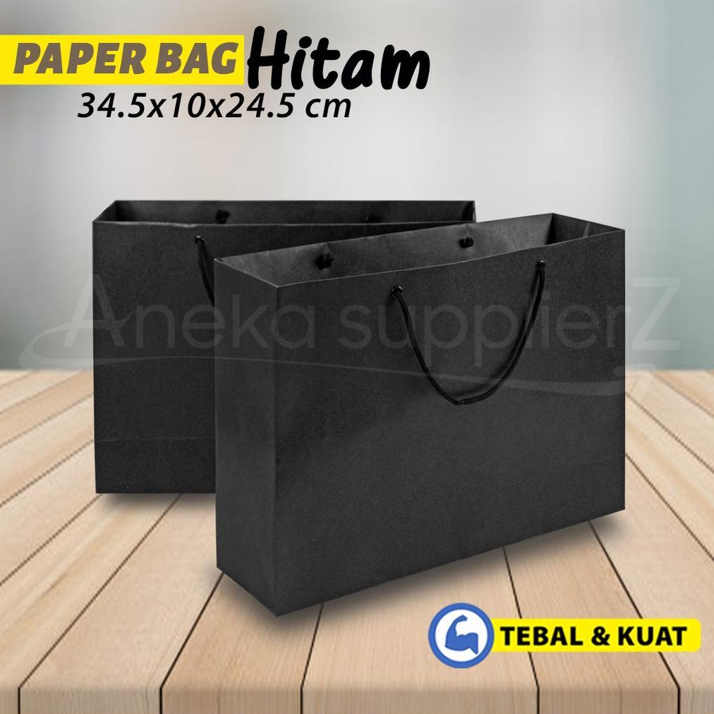 Paper Bag Hitam - Paper Bag Polos Tali Kur - 35 X10 X 25 Cm (12 Pc)