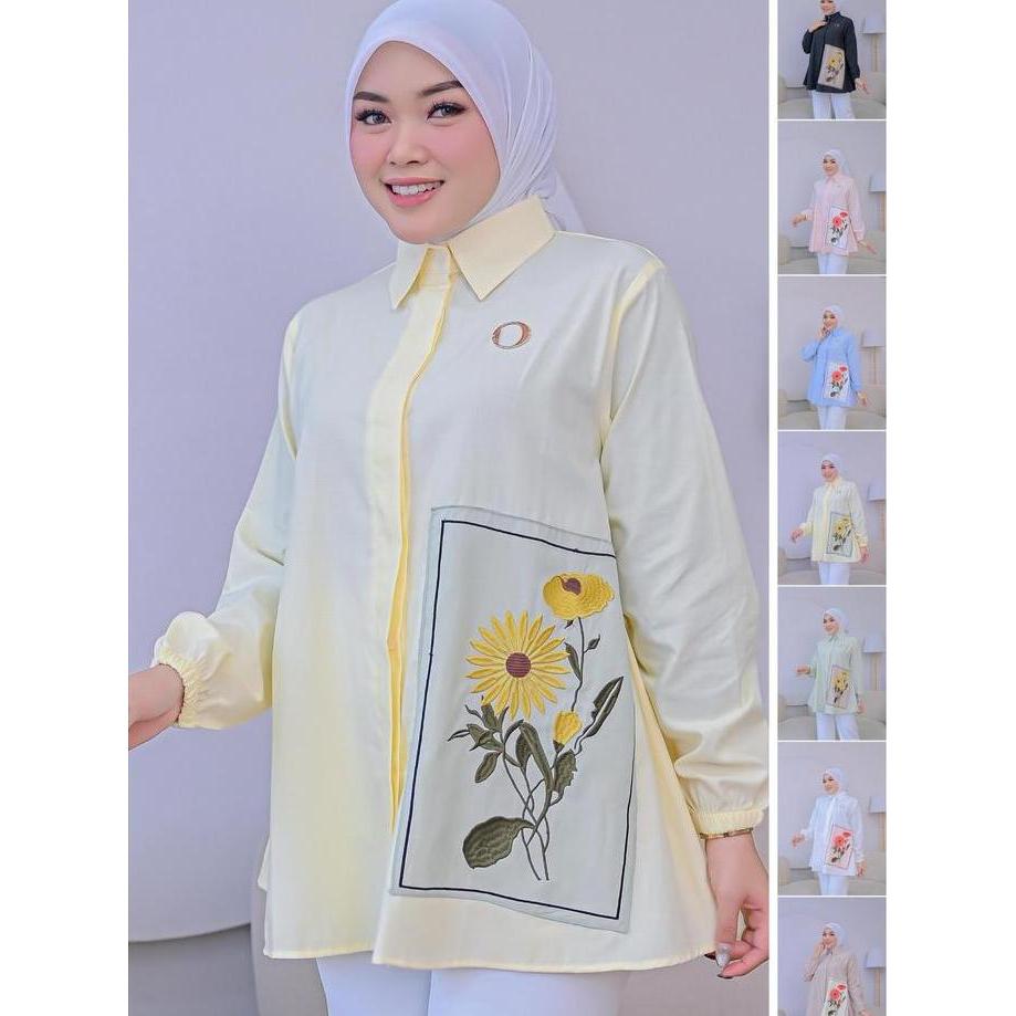 OVI Shirt - Kemeja Tunik Wanita Motif Bordir Bunga Matahari - Atasan Muslimah Premium