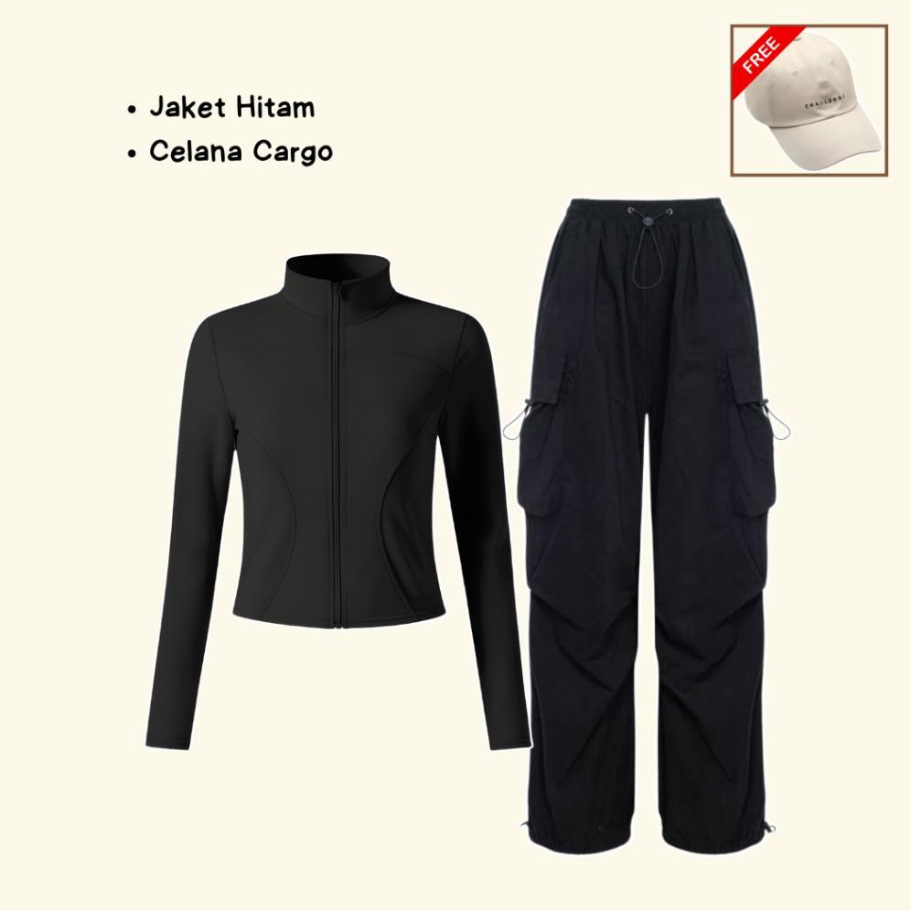 Bergaransi Oneset 3In1 Jaket Olahraga Celana Cargo Pasmina Jersey || Perempuan Wanita Cewek Outfit O