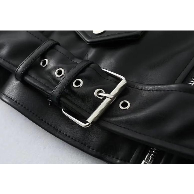 RECOMMENDED Delaris Jaket Crop Wanita Bikers Kulit Sintetis Vienna Hitam