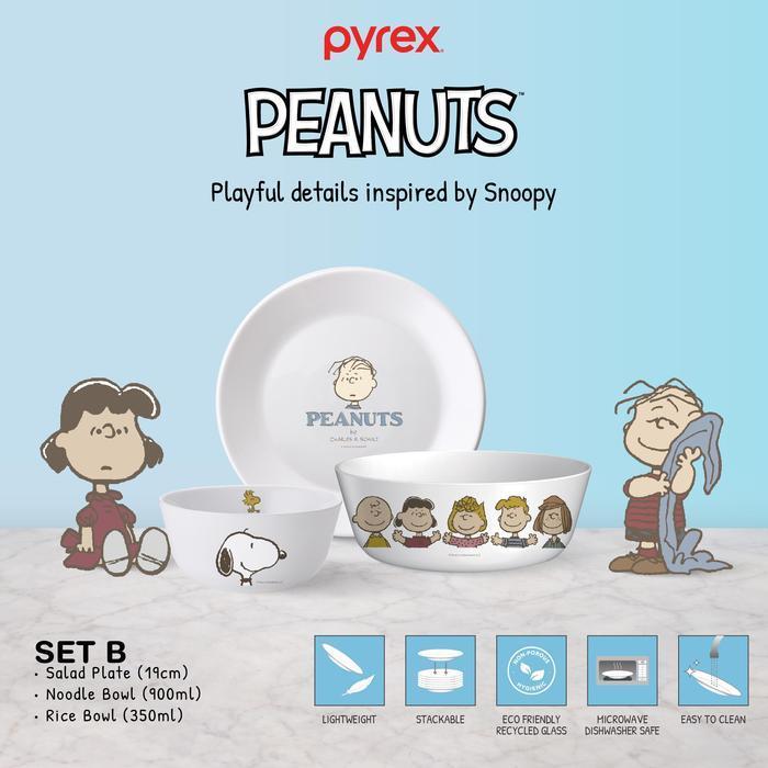 PYREX Peanuts Snoopy Dinner Set 3 Pcs Pring Mangkuk Makan Milkglass Microwave & Dishwasher Safe Muda
