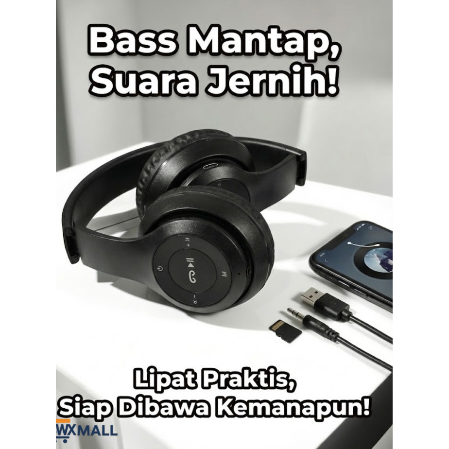 Headset Bluetooth P47 Wireless Headphone Gaming Low Latency Bass Mantap Noise Cancelling Mic untuk M