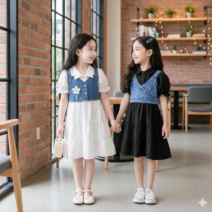 alif_pasword - arsyila kids syillaa denim dress jeans anak perempuan usia 1-8 tahun baju jeans anak 