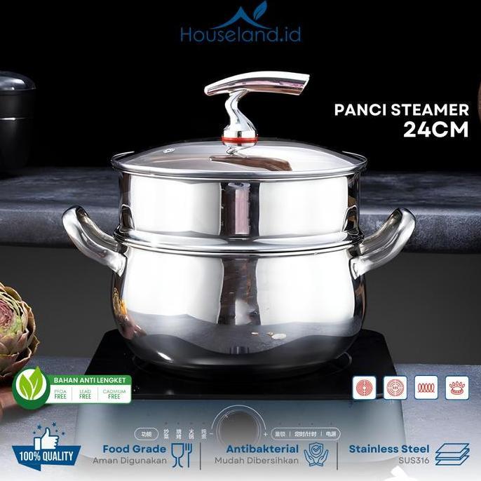 Aladin Panci Kukus Stainless Steel 316L 2In1 + Steamer | Diameter 24 Cm | Panci Rebus & Kukus Allsho