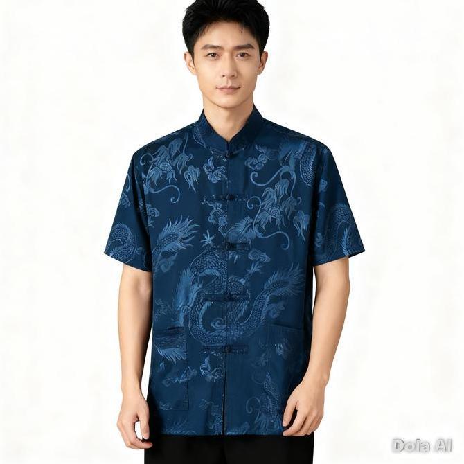 Promo Edisi Imlek Cheongsam Pria Lengan Pendek Kemeja Formal Baju Tradisional China Qipao Motif NAGA