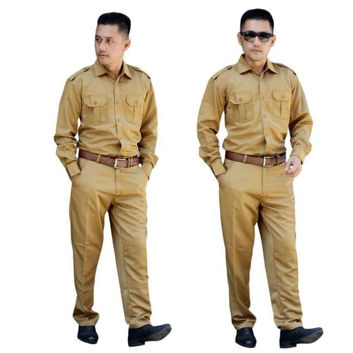 Satu Set Baju Khaki Coklat Pria Lengan Panjang /Seragam Pns Pria Lengan Panjang / Baju Dinas Pemda /