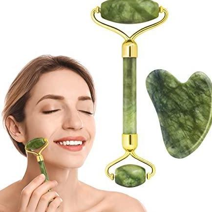 PRATAMASHOPSEMBILAN - JADE ROLLER + GUASHA FACE ROLLER  WAJAH (BATU GIOK ASLI) 1 PASANG SET