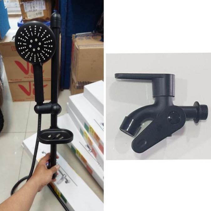 paket shower tiang hitam set kran / tiang shower mandi set kran cabang hitam