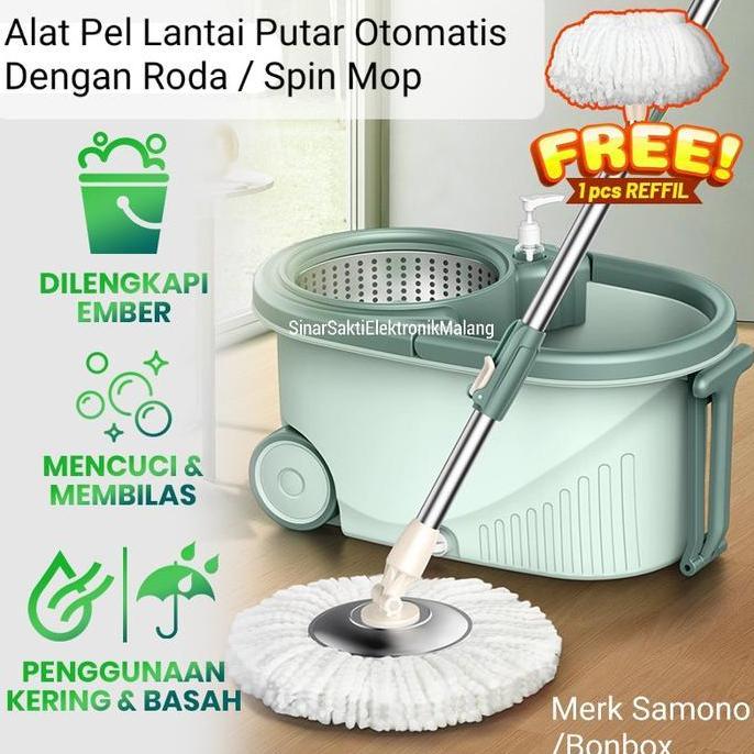 Alat Sapu Pel Lantai Putar Otomatis Super Spin Mop Dengan Roda Samono